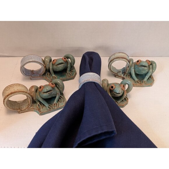Frog-Shaped Napkin Rings Earthy Colors Handmade Stoneware Alfresco Table Decor - Picture 10 of 10